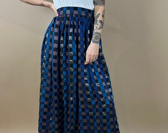 80s Checker Board Print Maxi Skirt / Long Flowy Hippie Skirt / Small