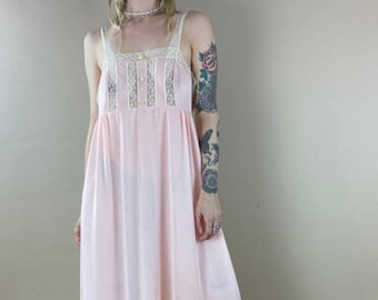 70s Sheer Pink Nylon Slip Dress / Vintage Nighty / small