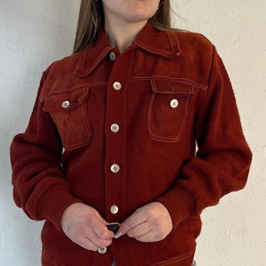 70er Jahre Rote Acryl Strick Jacke / Small