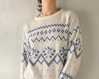 90s Blue and White Knit Ski Sweater / Medium