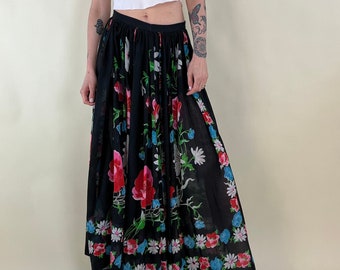 80s Sheer Black Floral Print Cotton Flowy Maxi Skirt / 28"