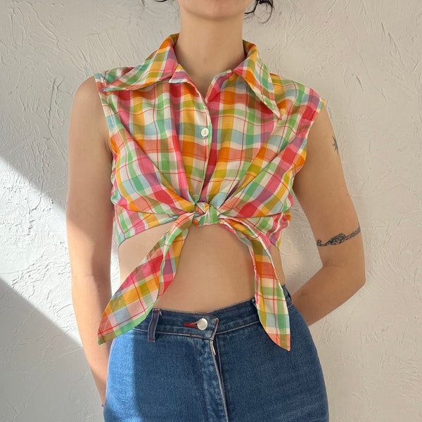 70s 'Fritzy' Plaid Tie Up Crop Top / Small