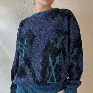 Vintage Blue Patterned Acrylic Knit Sweater / Medium