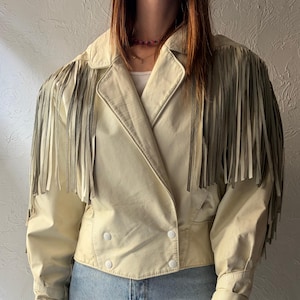 90s 'The Leather Ranch' White Leather Fringe Western Bomber Jacket / Vintage 1990s Retro Cowgirl Cropped Jacket / Small