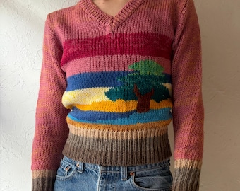 70s 'Collage' Tree Knit Sweater / Vintage 1970s Graphic Knit Pullover / Small