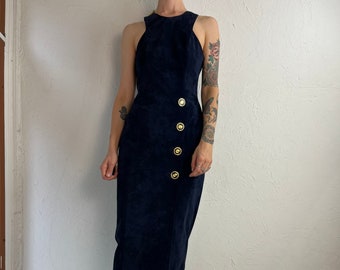 90s 'Danier' Navy Blue Suede Leather Form Fitting Dress / XS