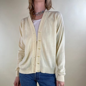 80s Pale Yellow Synthetic Knit Cardigan / Small image 1