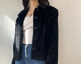 80s Black Faux Fur Cropped Jacket / Small