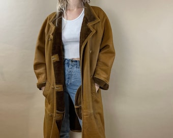 80s Tan Leather Trench Coat / Faux Fur Lined / Winter Coat / Medium