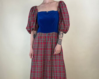 90s Puff Sleeve Tartan Plaid Dress / Medium