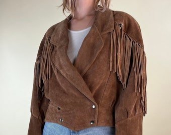 90s Brown Suede Leather Fringe Jacket / Medium