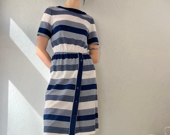 Vintage 70s Blue and White Striped hippie summer Sailor Dress- 1970s minimalist striped sailor day dress