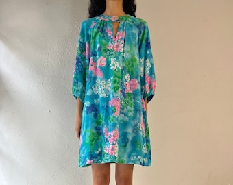 70s Handmade Blue Floral Shift Dress / Small