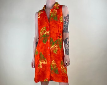90s Orange Butterfly Print Cotton Cut Out Mini Dress / Medium