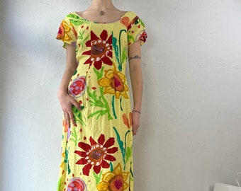 90s Jams World Yellow Floral Print Rayon Dress / Medium