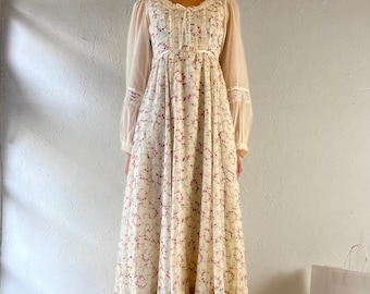 70s ‘Gunne Sax’ Cream Floral Cottage Core Peasant Maxi Dress / Small