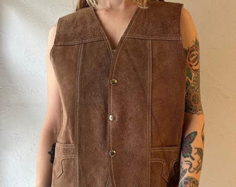 70s Beige Suede Leather Shearling Lined Vest / Medium