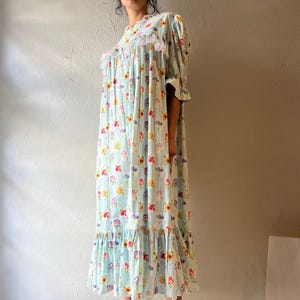 Vintage Light Blue Checker Floral Maxi Dress / Medium