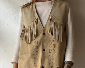 Vintage Suede Leather Fringe Vest / Large