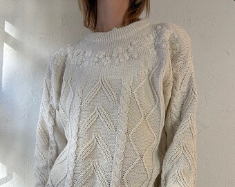 Y2k 'Dana Scott' Cream Cotton Knit Sweater / Medium