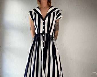 80s Navy Blue and White Striped Sailor Midi Dress / Small - Medium