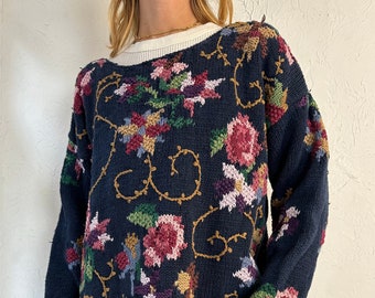 90s 'Import Workshop' Hand Knit Floral Sweater / Large