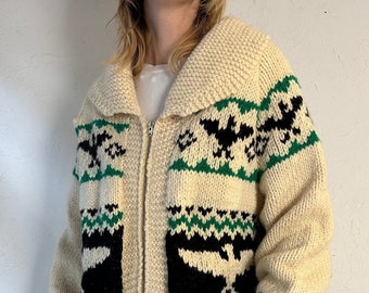 Vintage Hand Knit Thick Wool Zip Up Eagle Sweater / Medium