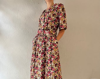 90s 'Rose' Collared Floral Print Dress / Large