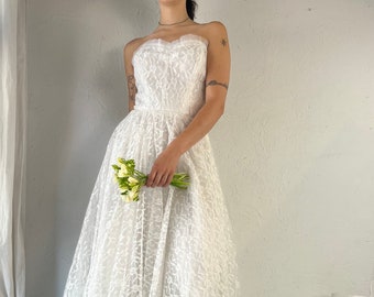 80s Handmade White Lace Strapless Wedding Dress / Small