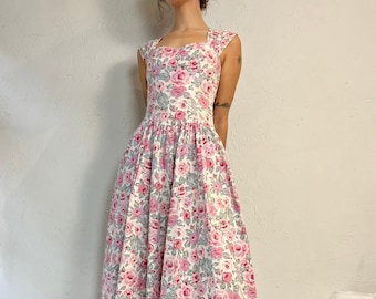 90s 'Joni Blair' Pink Floral Print Cotton Day Dress / Small