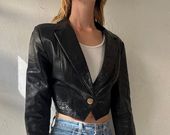 Veste en cuir noir recadrée 'Leather Factory' des années 80 / XS