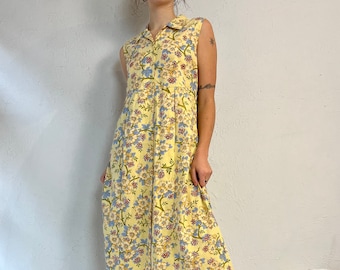90s 'April Cornell' Yellow Floral Print Cotton Dress / Small