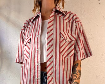 Y2k 'Wrangler' Red White Striped Short Sleeve Pearl Snap Shirt / Medium