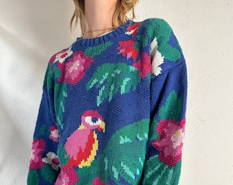 90s 'IZOD' Cotton Knit Parrot Sweater / Medium