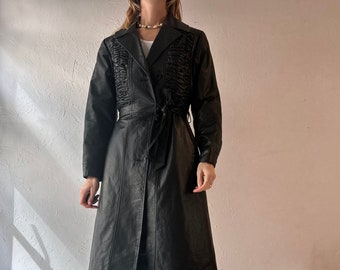 90年代風ブラックレザートレンチコート - ソフトな本革、アート