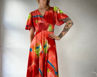 70s V Neck Red Abstract Print Maxi Dress / Small