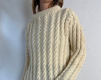 Vintage Hand Knit Cream Cable Knit Mock Neck Sweater / Medium