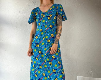 70s Handmade Blue Floral Day Dress / Small