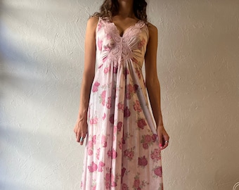 70er Jahre 'Olga' Rosa Floral Slip Maxi Kleid / Vintage 1970er Jahre Romantisches Dessous Stil langes Kleid / Small