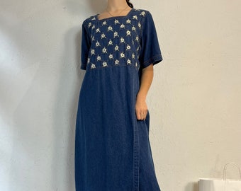 90s 'PS Only' Embroidered Denim Maxi Dress / Large