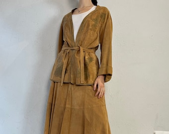 70s 'Jean Claire' Tan Suede Leather Skirt and Jacket Set / Small