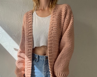 Hand Knit Pale Pink Long Cardigan Sweater / Small