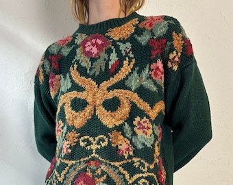 Y2K 'Rachel Max' Green Floral Knit Sweater / Medium