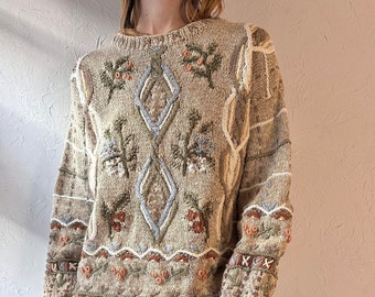 Pull en tricot à fleurs en coton ramie « Portraits » vintage / XL