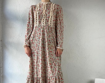 90s Floral Print Long Sleeve Cottage Core Maxi Dress / Small