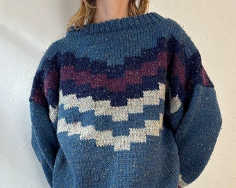 Vintage Hand Knit Blue Sweater / Large