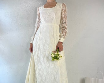 80s Handmade Lace Sleeve Off White Wedding Dress / Small