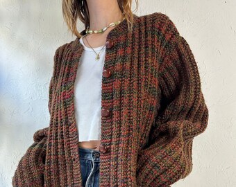 Cardigan épais en tricot fait main vintage / Grand