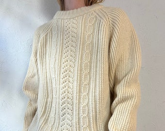 Pull de pêcheur en laine crème 'Lakeland Knitwear' des années 90 / Moyen