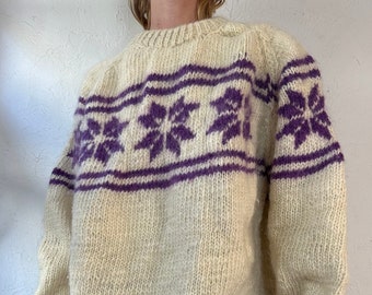 Vintage White and Purple Hand Knit Wool Sweater / XL